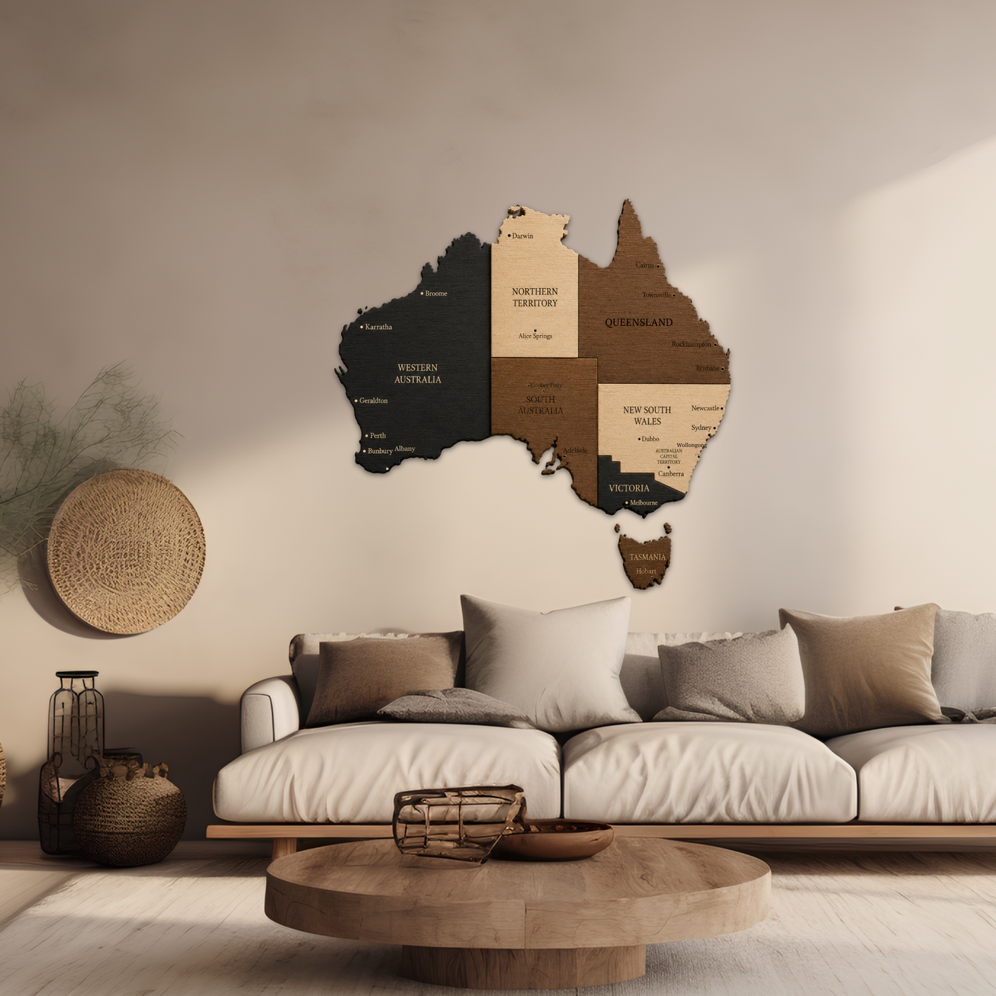 Wooden wall art of Australia in a living room setting