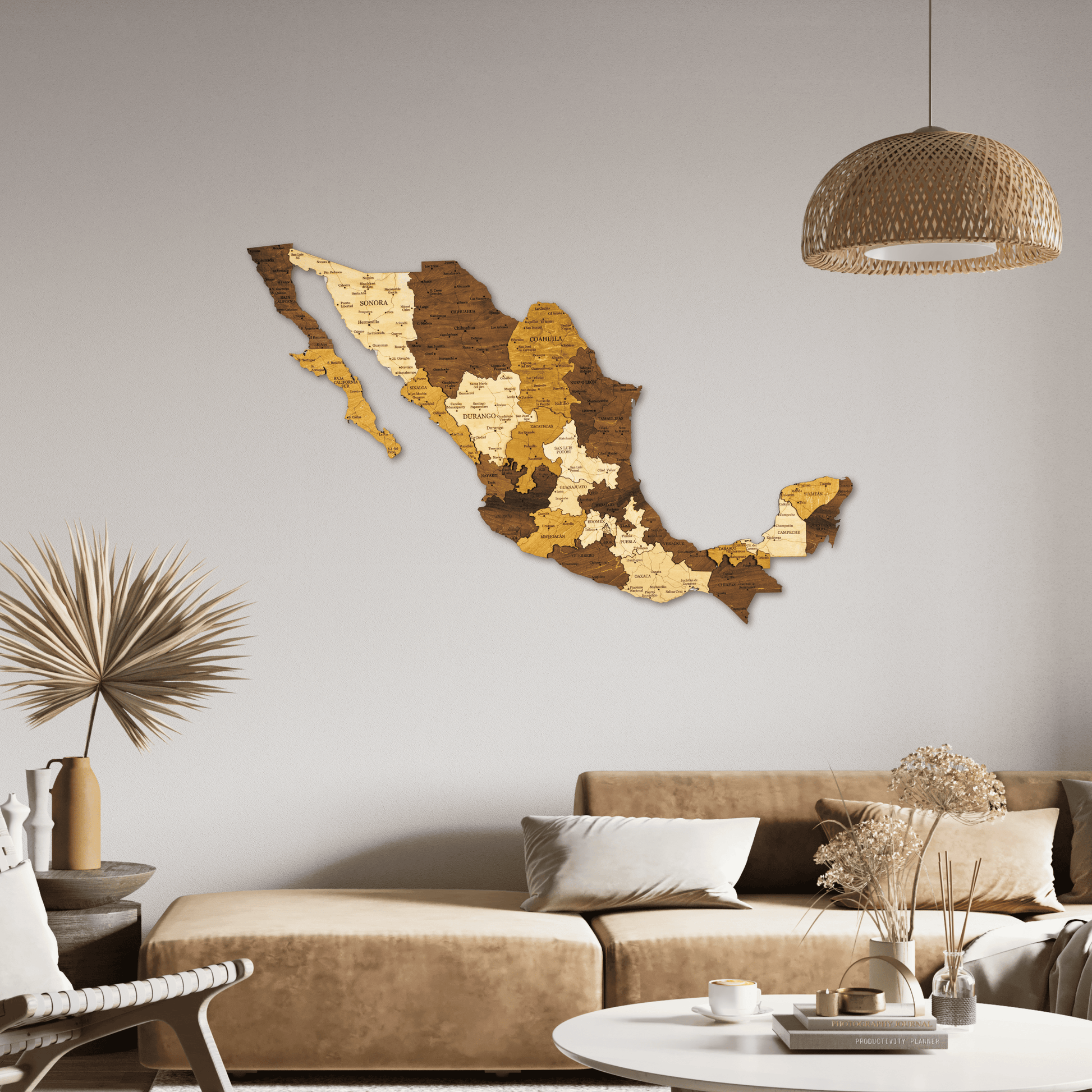 Wooden wall art of a map of Mexico in a living room setting.