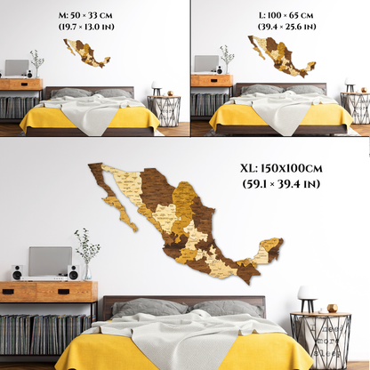 Wooden wall art of a map of Mexico in different sizes displayed in a bedroom setting.