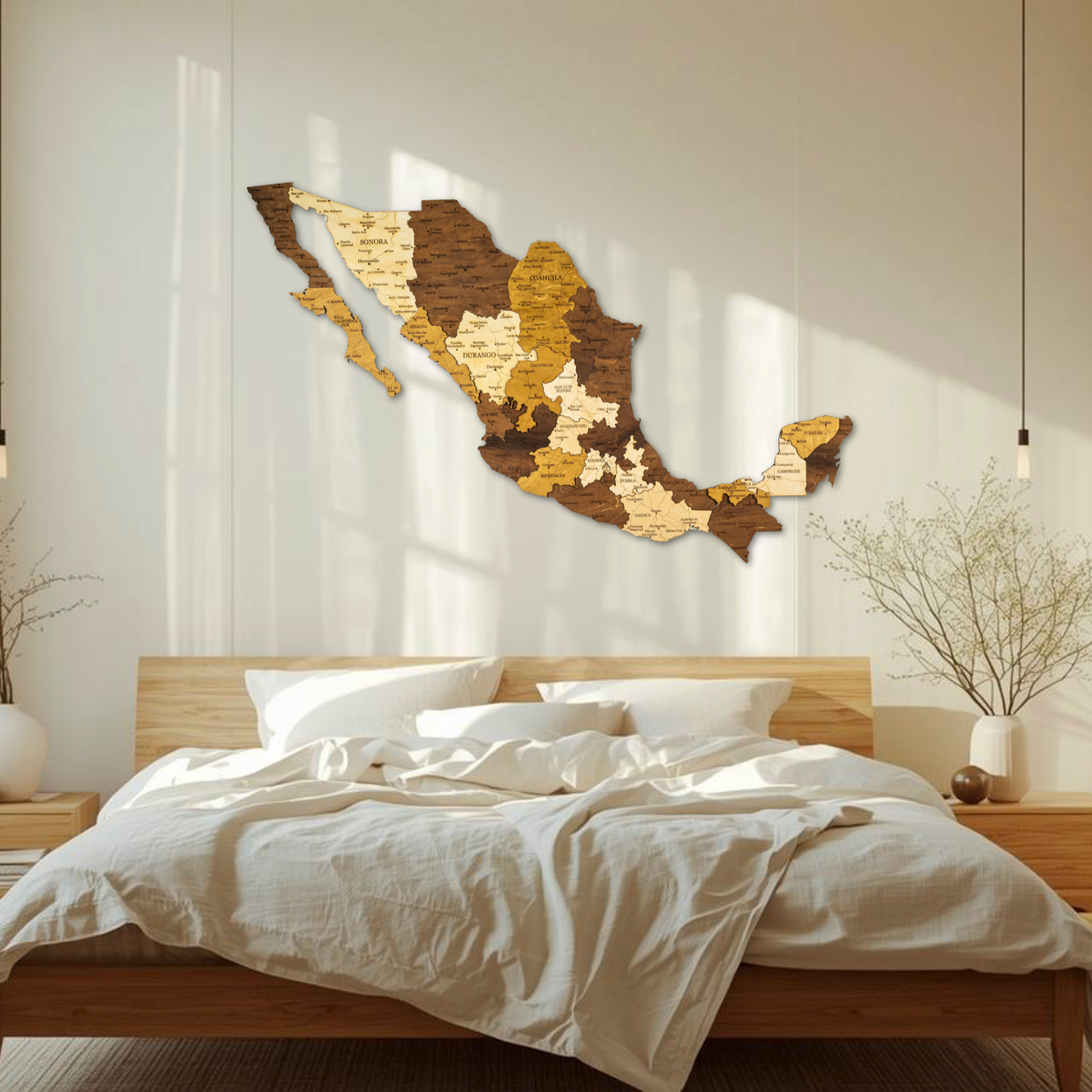 Wooden wall art of a stylized map of mexico on a bedroom wall with a bed and decor.