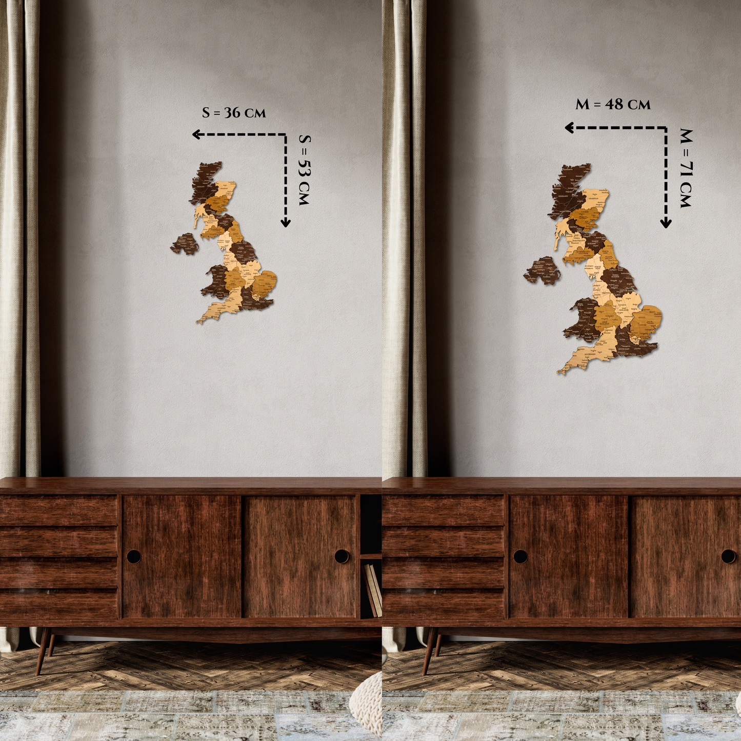 Wooden wall art of the UK map on a gray wall with measurements shown.