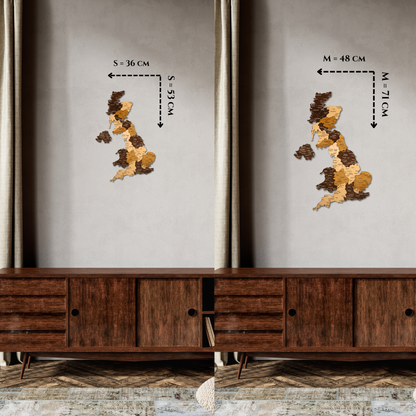 Wooden wall art of the UK map on a gray wall with measurements shown.