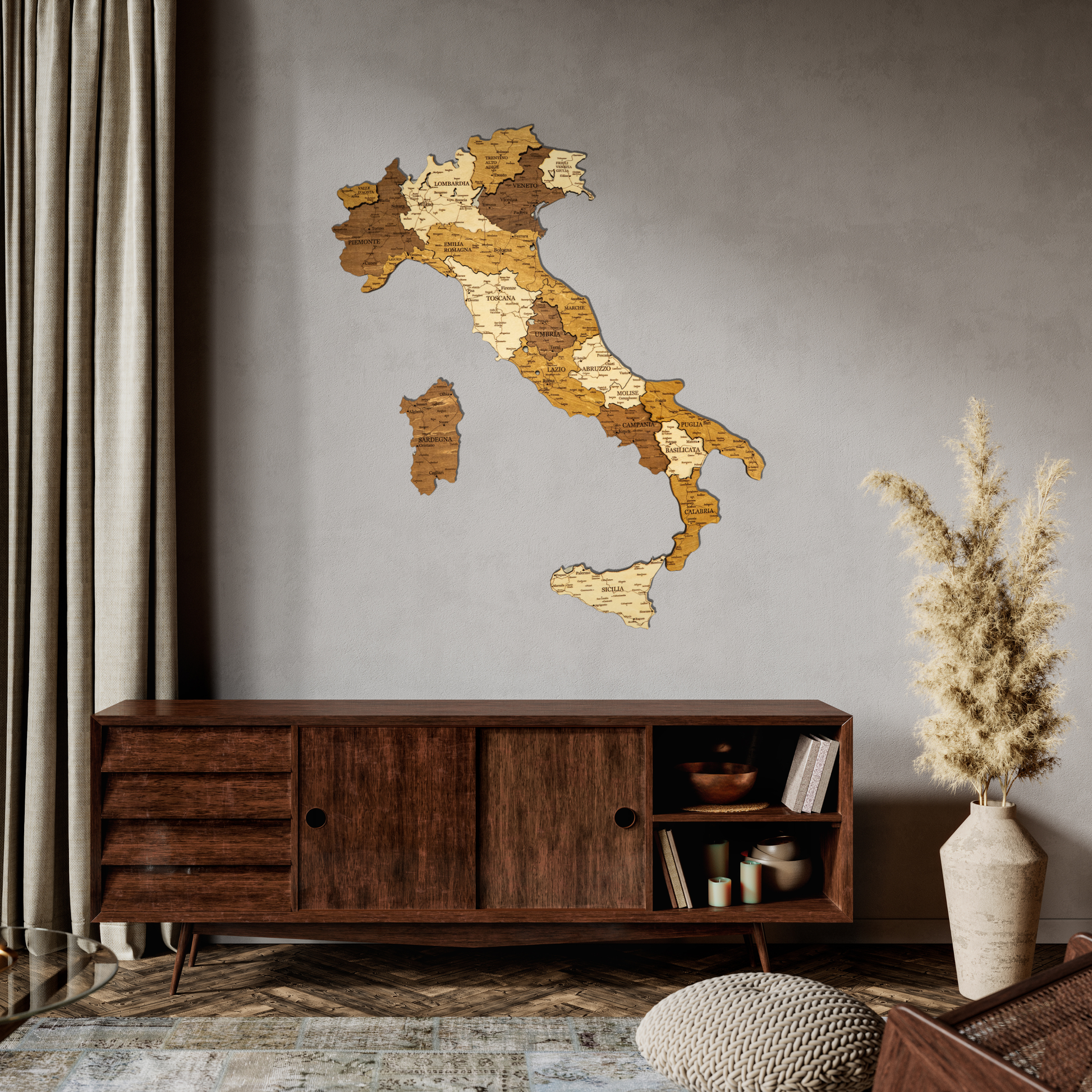 Wooden wall decoration of Italy's map in a room with a wooden cabinet and decorative items.