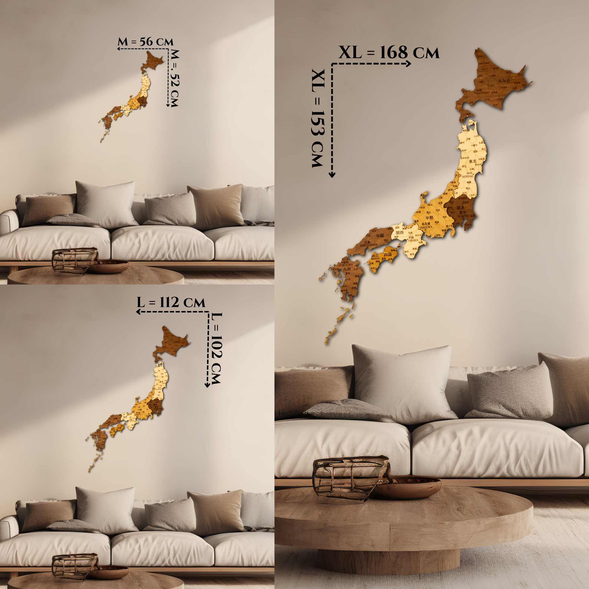 Wooden wall decoration of Japan with measurements in a living room setting