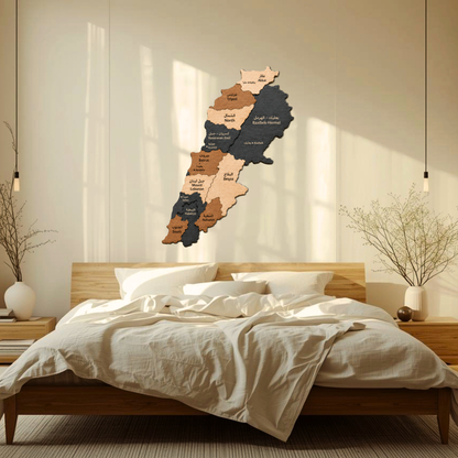 Wooden wall decoration of lebanon on a bedroom wall with a bed and nightstands.