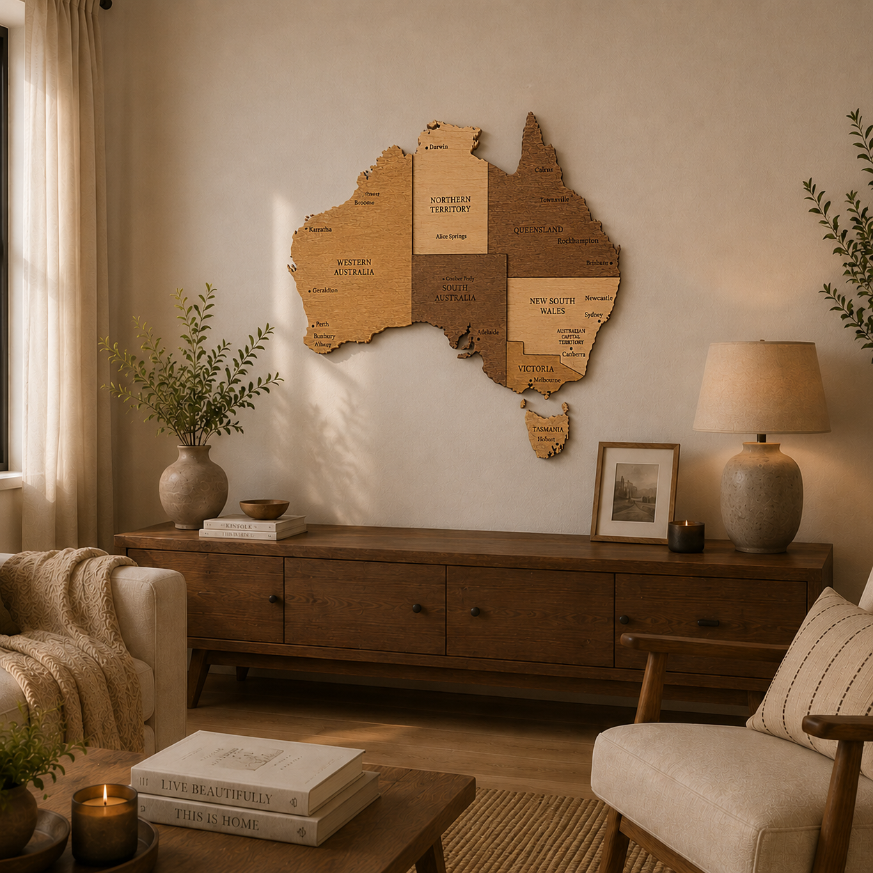 Wooden wall map of Australia in a cozy living room setting.