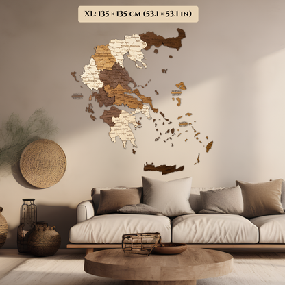 Wooden wall map of Greece in a living room setting