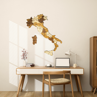 Wooden wall map of Italy in a home office setting with a desk and chair.