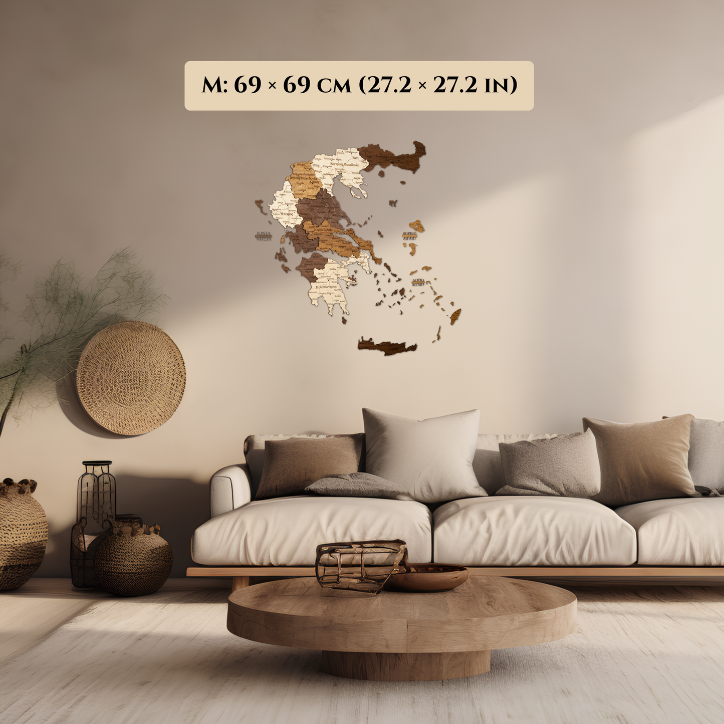 Wooden wall map of greece in brown in a living room setting