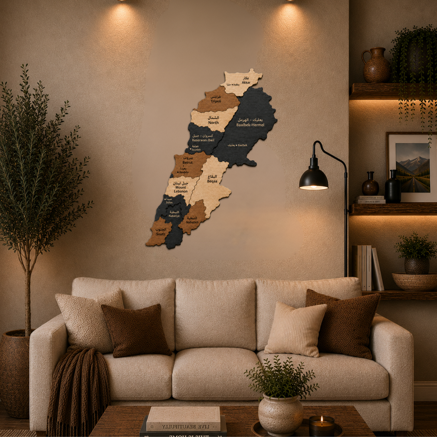 Wooden wall map of lebanon in a living room setting with a couch and decor.