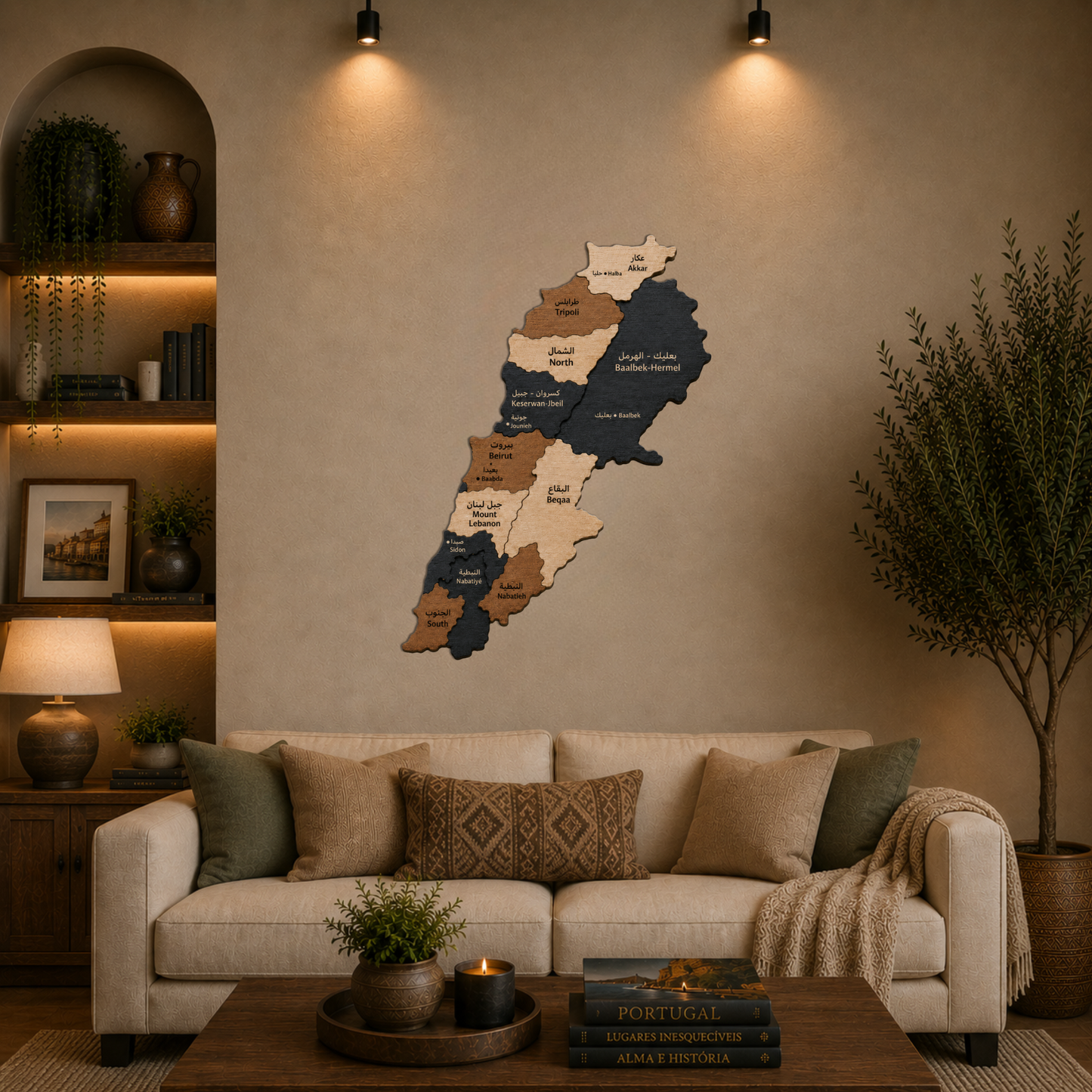 Wooden wall map of lebanon in a living room setting with a sofa and decor.