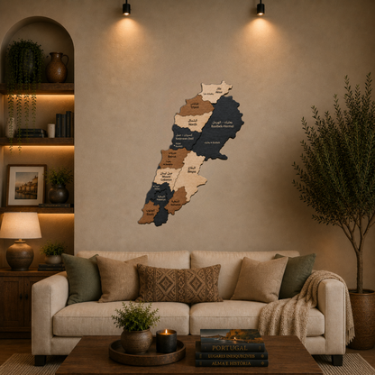 Wooden wall map of lebanon in a living room setting with a sofa and decor.