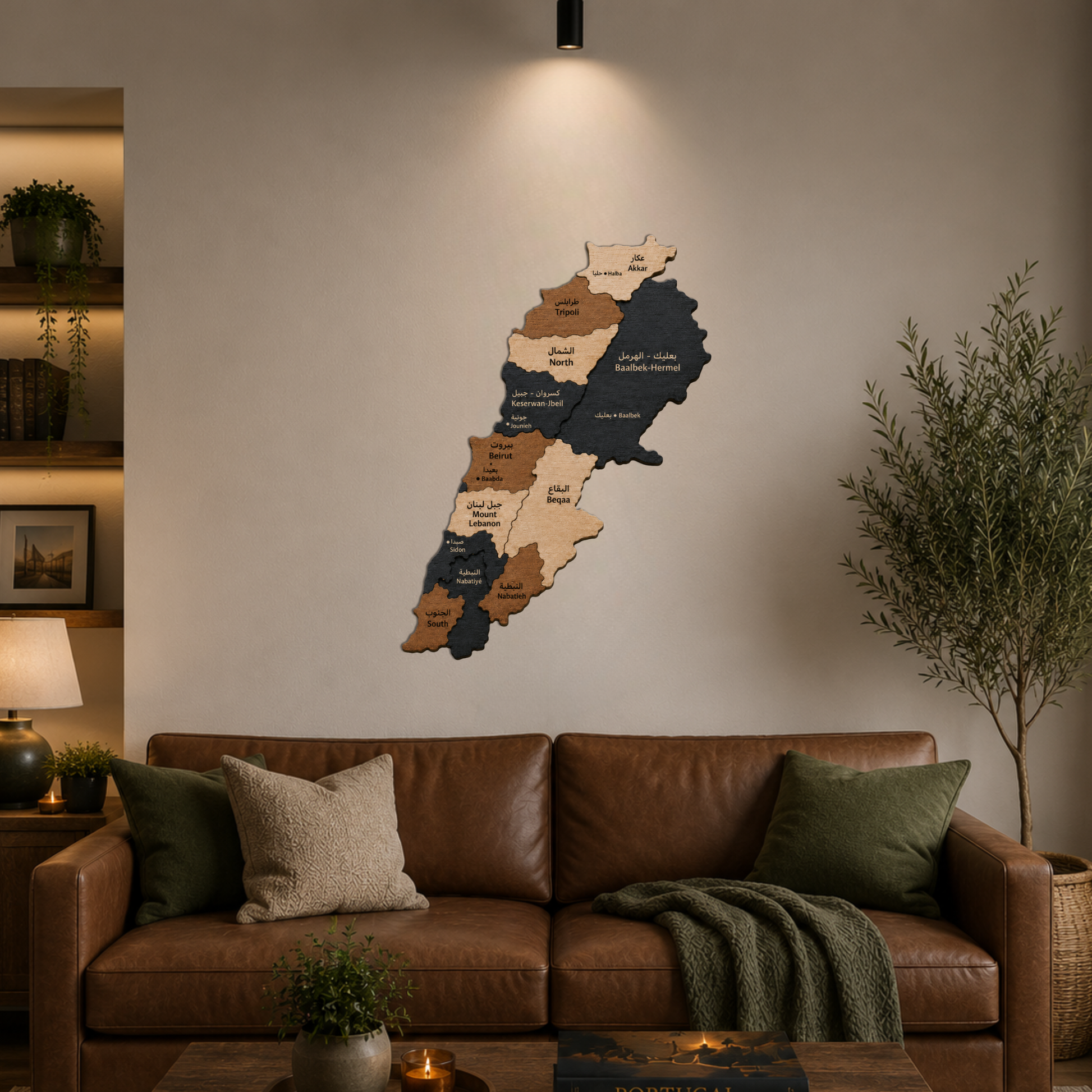 Wooden wall map of lebanon on a beige wall above a brown leather sofa in a living room.