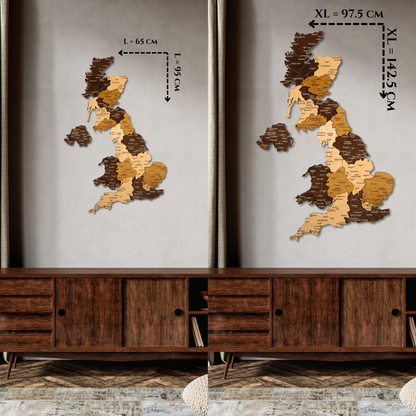 Wooden wall map of the UK with measurements on a neutral background