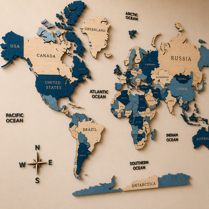 Wooden world map with countries labeled on a beige background
