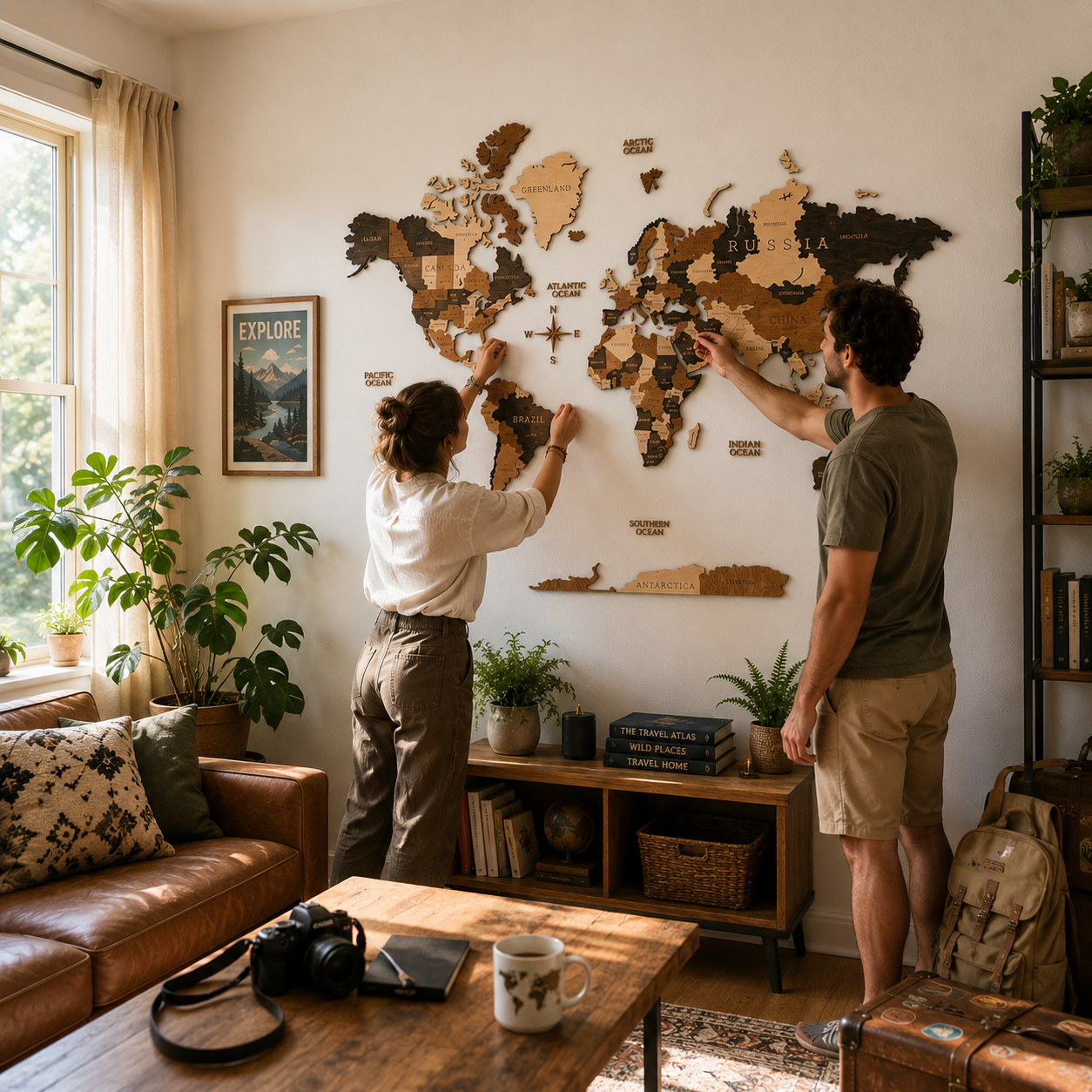 Two people interacting with a wooden world map on a wall in a cozy living room.