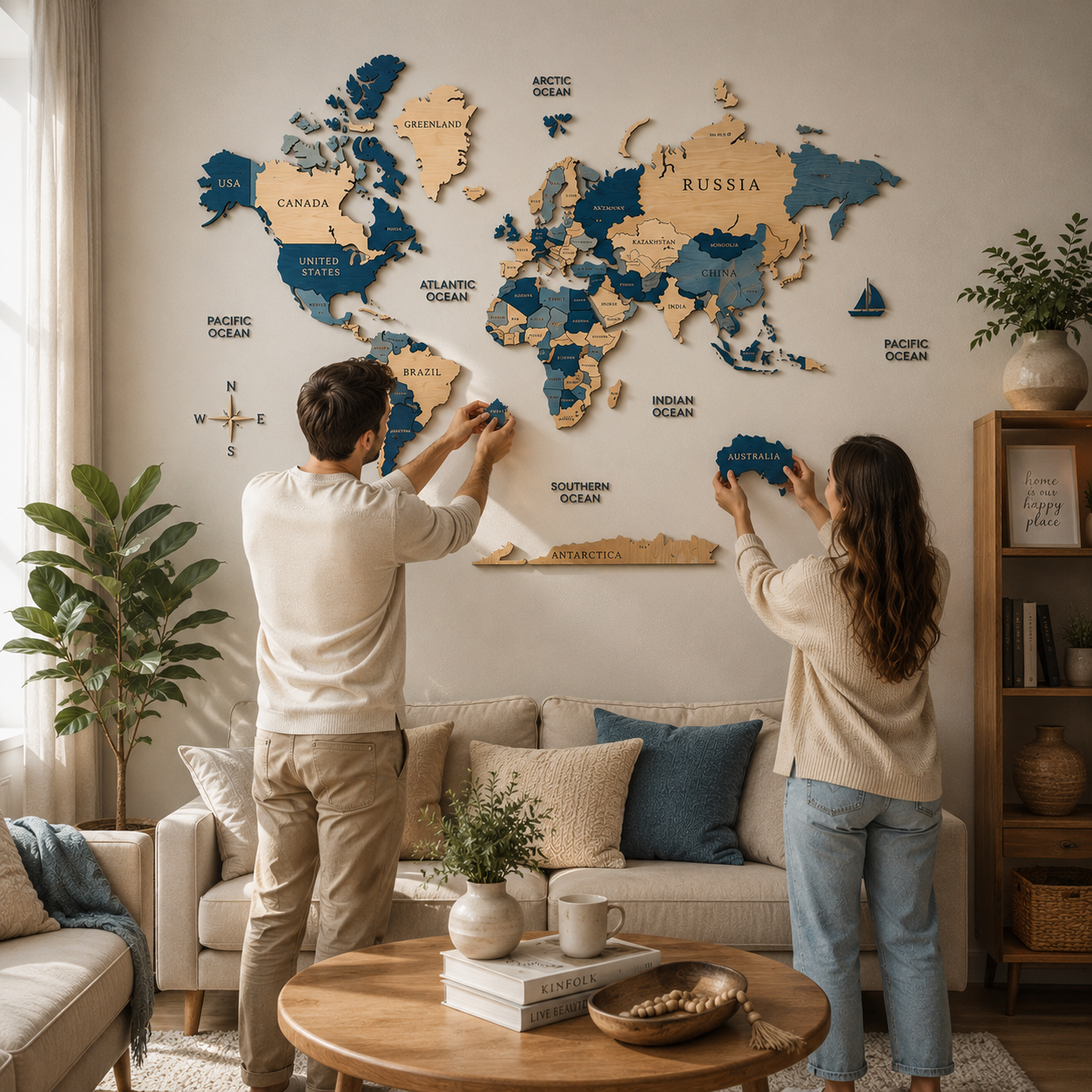 Ocean Blue 3D World Map (Blue & White tones)