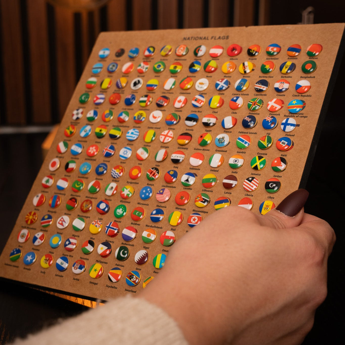 cardboard of small flag push pins held by a hand with a blurred background