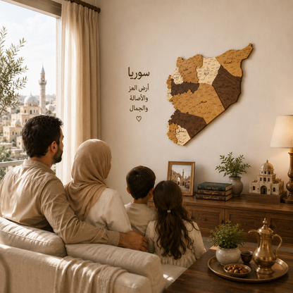 syrian family staring a syria 3d wooden map on the wall