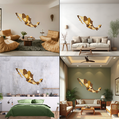 Wall art of a map of Mexico in various interior settings.